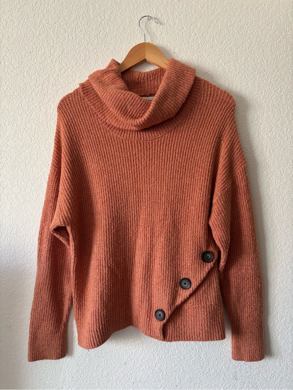Jessica Simpson Women's Orange Knit Cowl Neck Sweater Cozy Button Details Size M